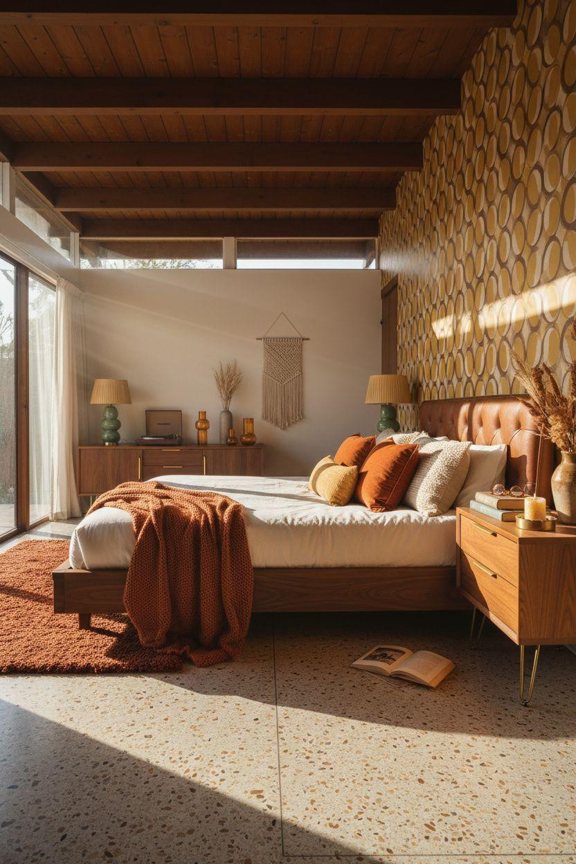 Mcm bedroom ideas - eclectic bedroom with cognac tufted headboard