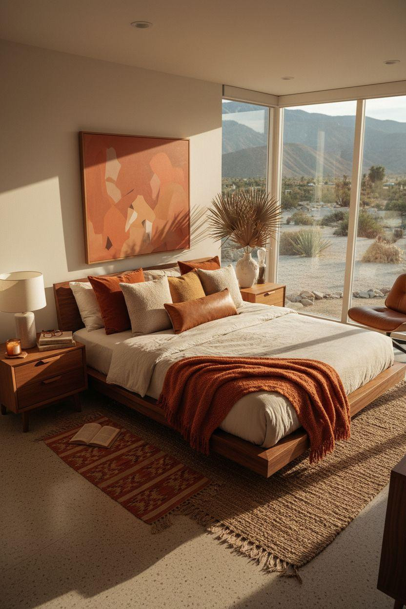 Mcm bedroom ideas - elevated shot showcasing layered styling