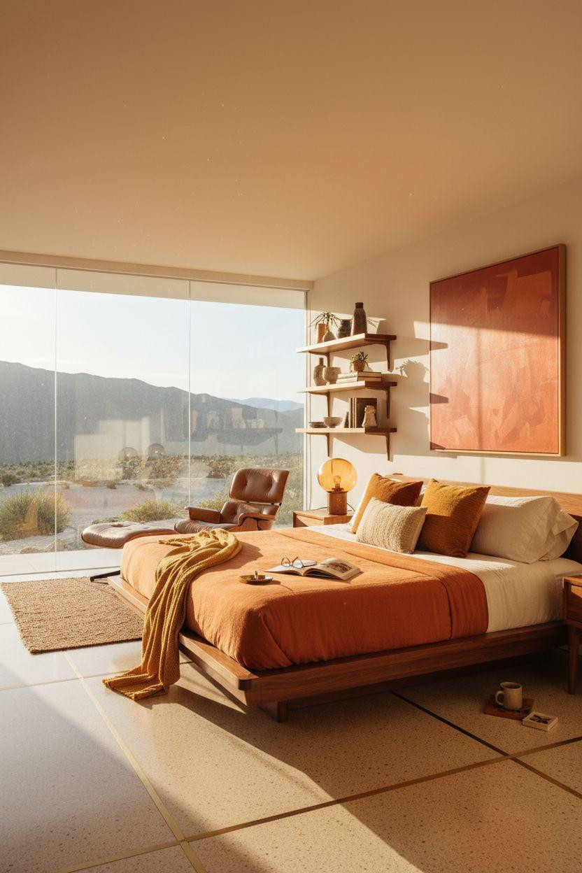 Mcm bedroom ideas - sun-drenched bedroom with mountain views