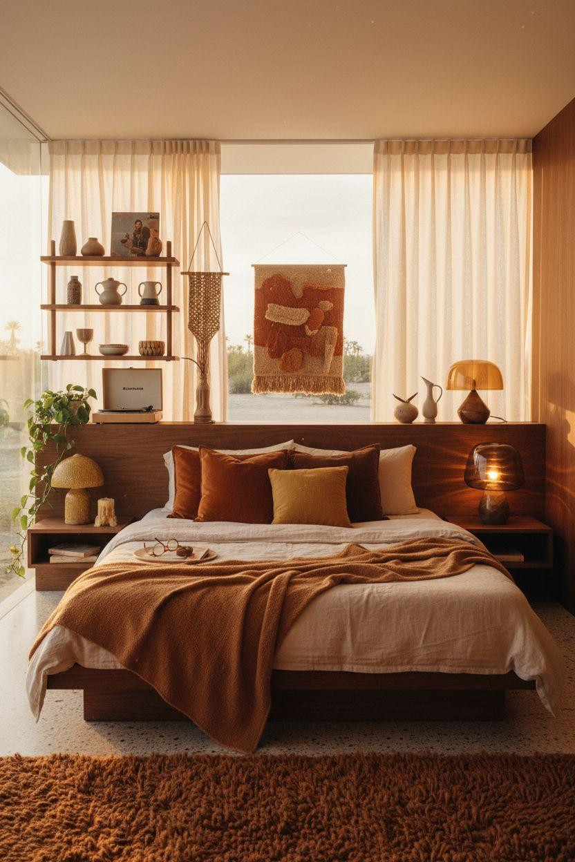 Mcm bedroom ideas - retro bedroom with sheer curtains and vintage details