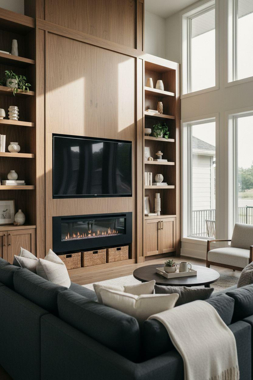 Media wall with fireplace and tv in walnut with matte black fireplace and brass hardware
