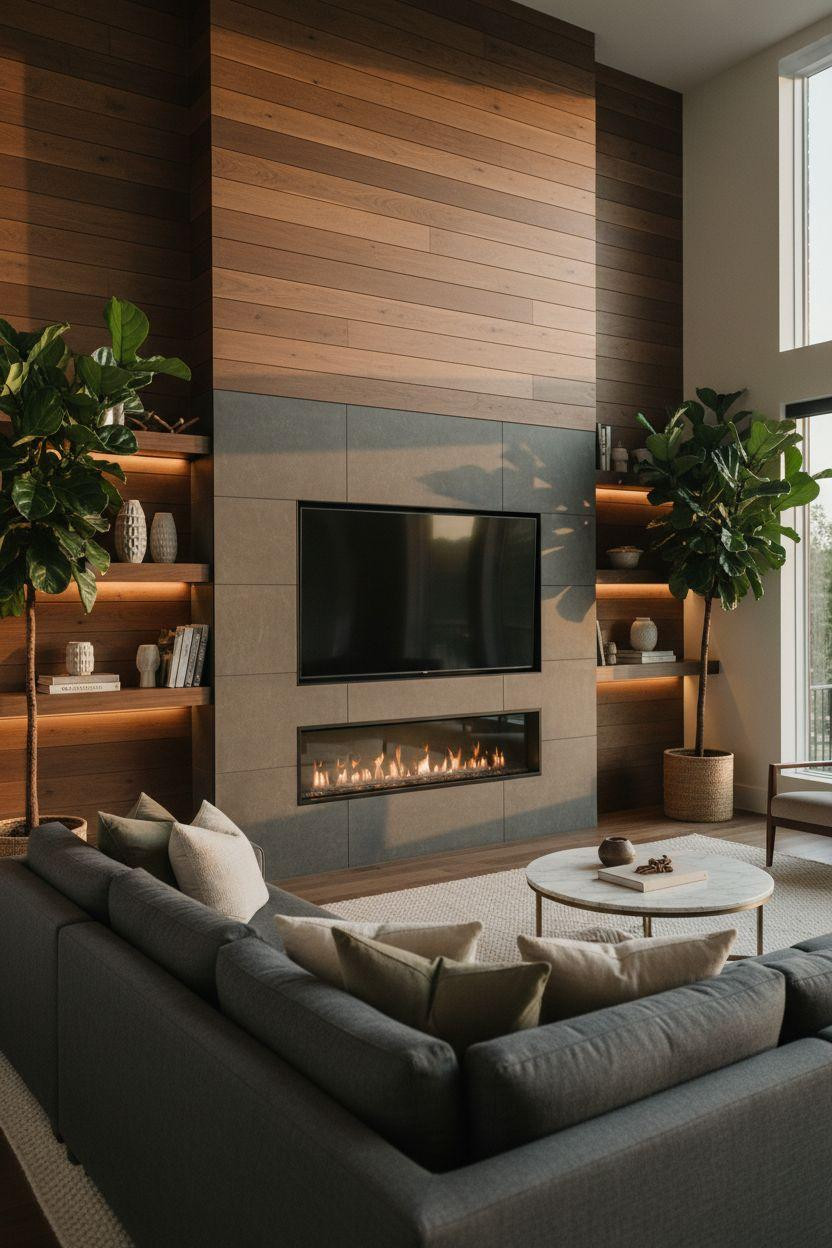 Media wall with fireplace and tv in dark walnut with stone tile and marble table
