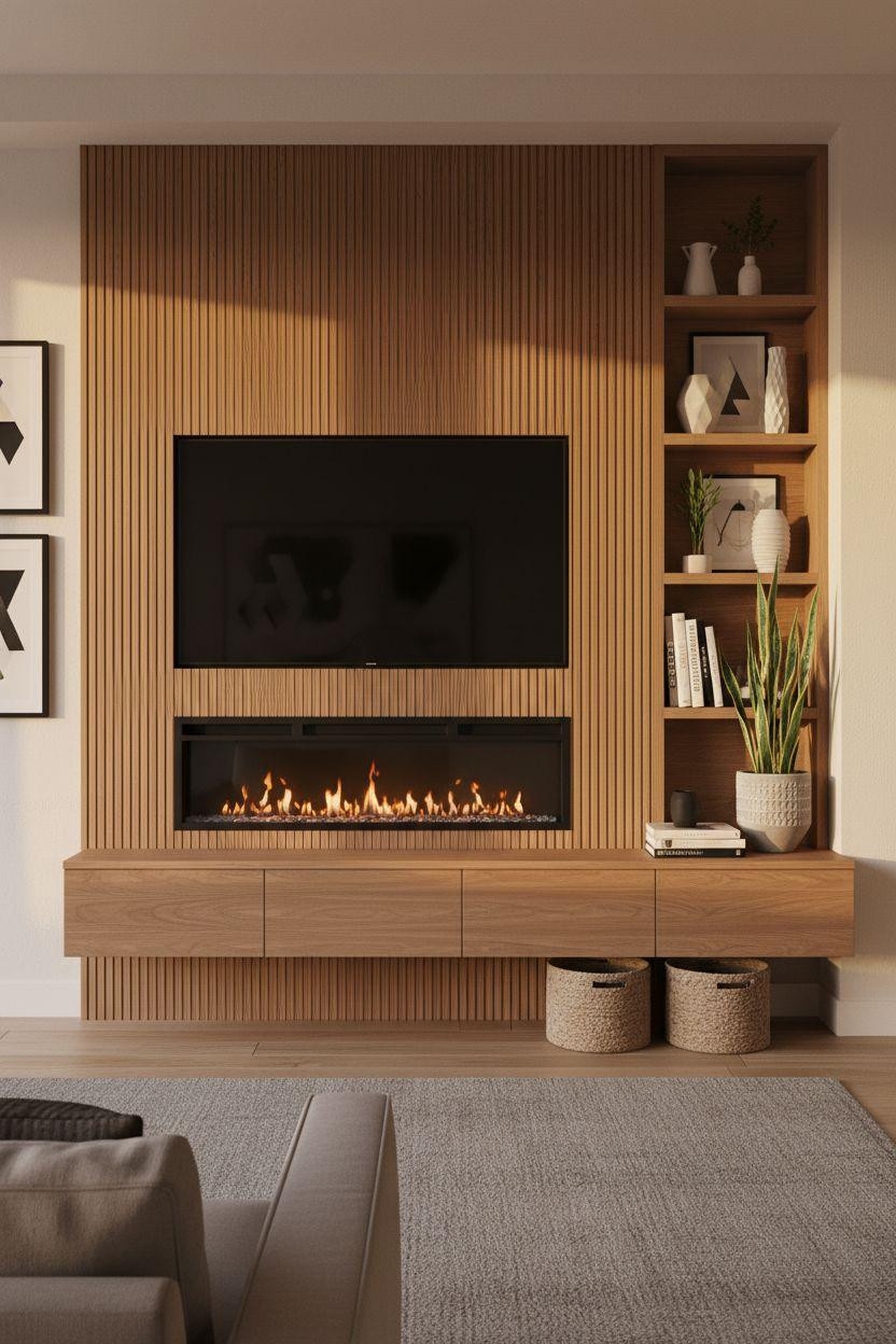 Media wall with fireplace and tv with horizontal oak slatted panels