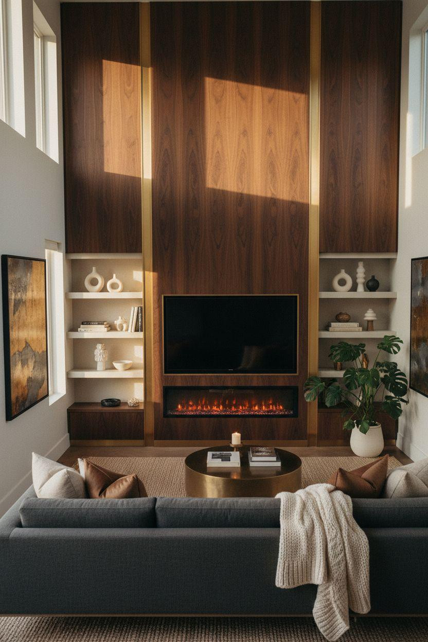 Media wall with fireplace and tv featuring rich walnut wood and brass trim