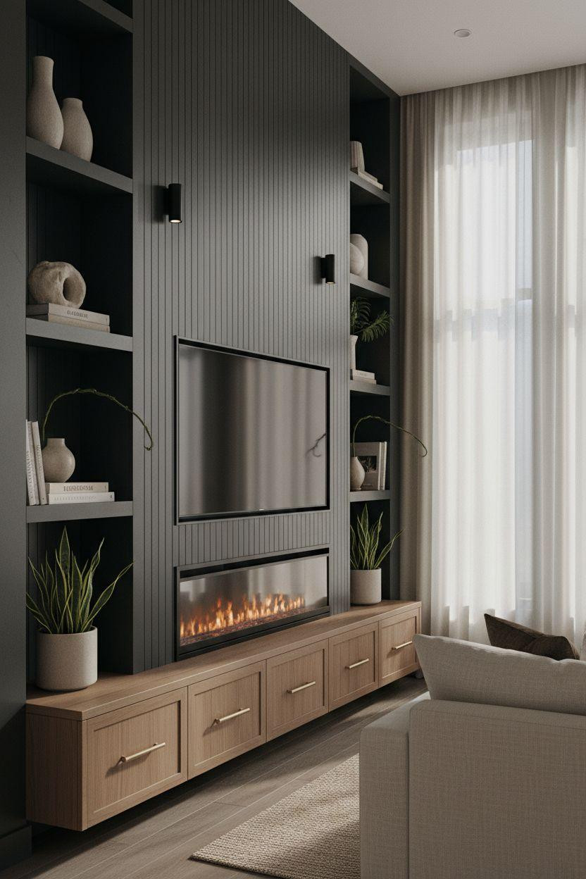 Media wall with fireplace and tv featuring dark vertical paneling and floating walnut storage