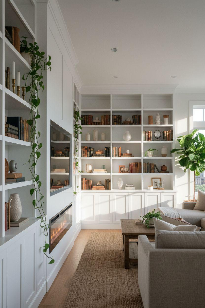 Media wall with fireplace and tv featuring white shaker cabinets and vintage books
