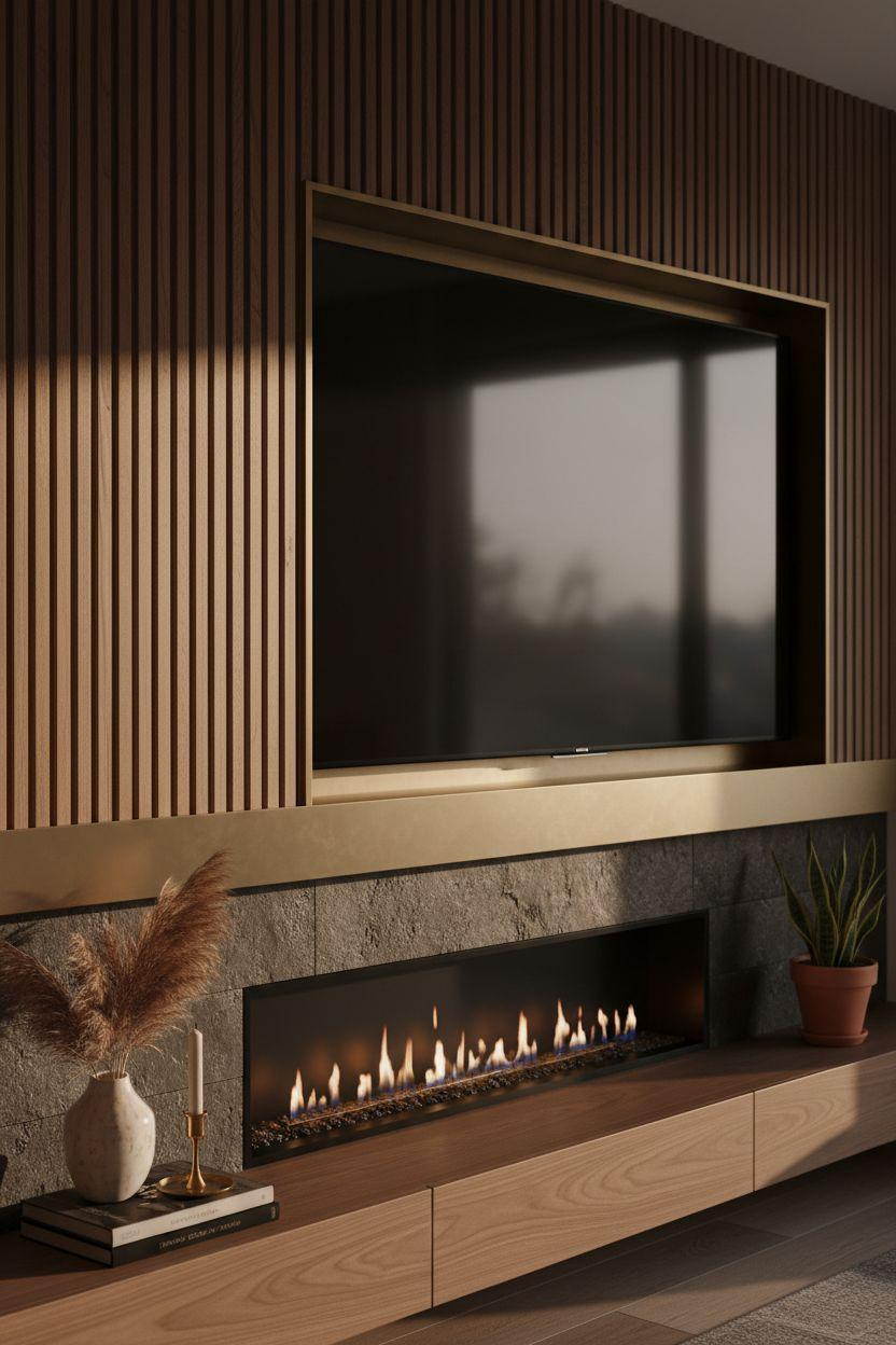 Media wall with fireplace and tv featuring vertical fluted paneling and brass accents