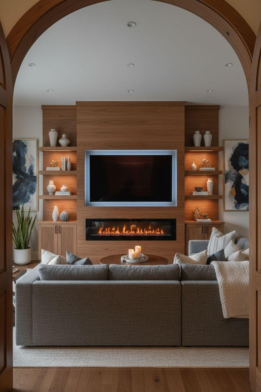 Media wall with fireplace and tv in walnut cabinetry with soft backlighting