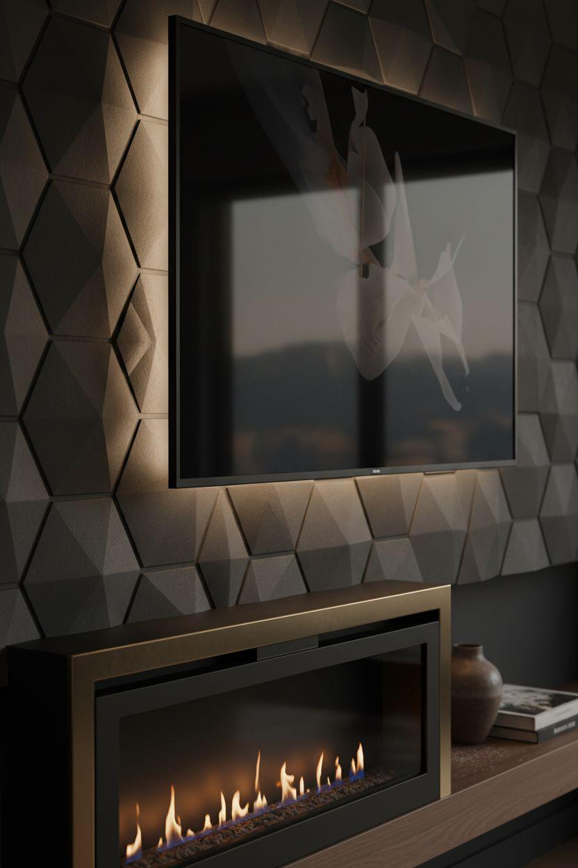 Media wall with fireplace and tv featuring 3D hexagonal charcoal panels