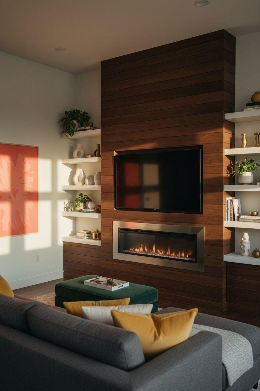 Media wall with fireplace and tv in walnut with mustard and coral accent colors