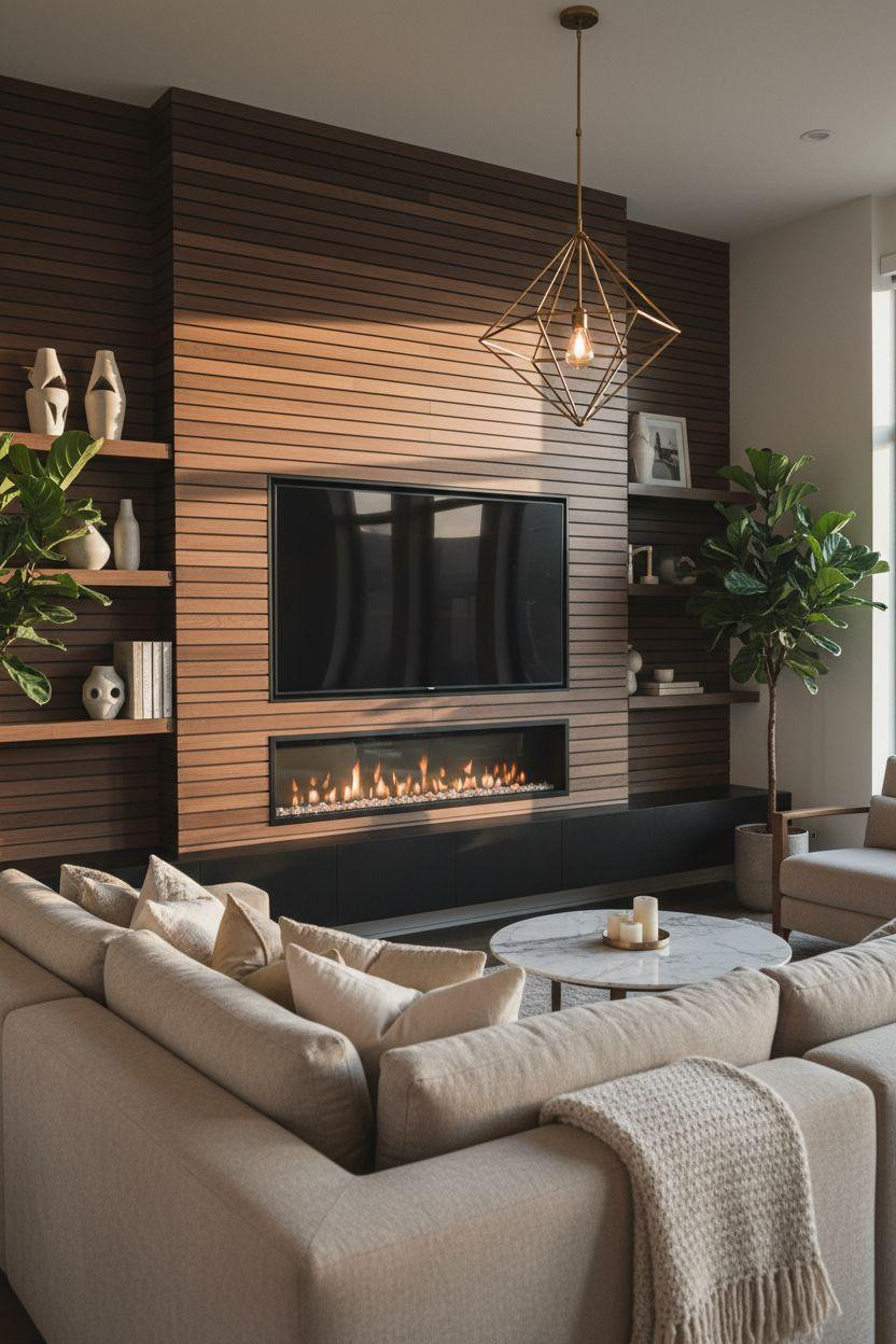Media wall with fireplace and tv featuring horizontal slat paneling and geometric pendant