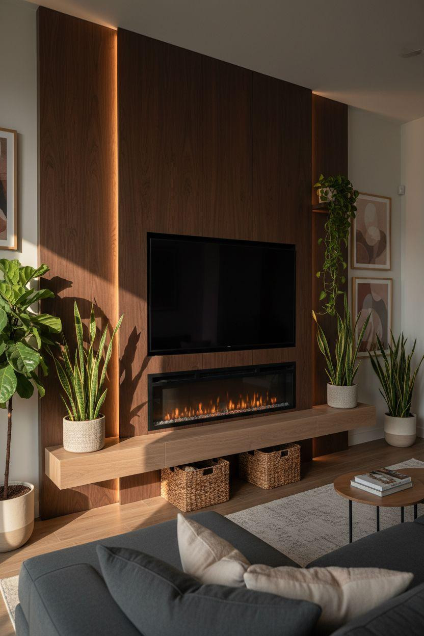 Media wall with fireplace and tv in dark walnut with LED strip lighting