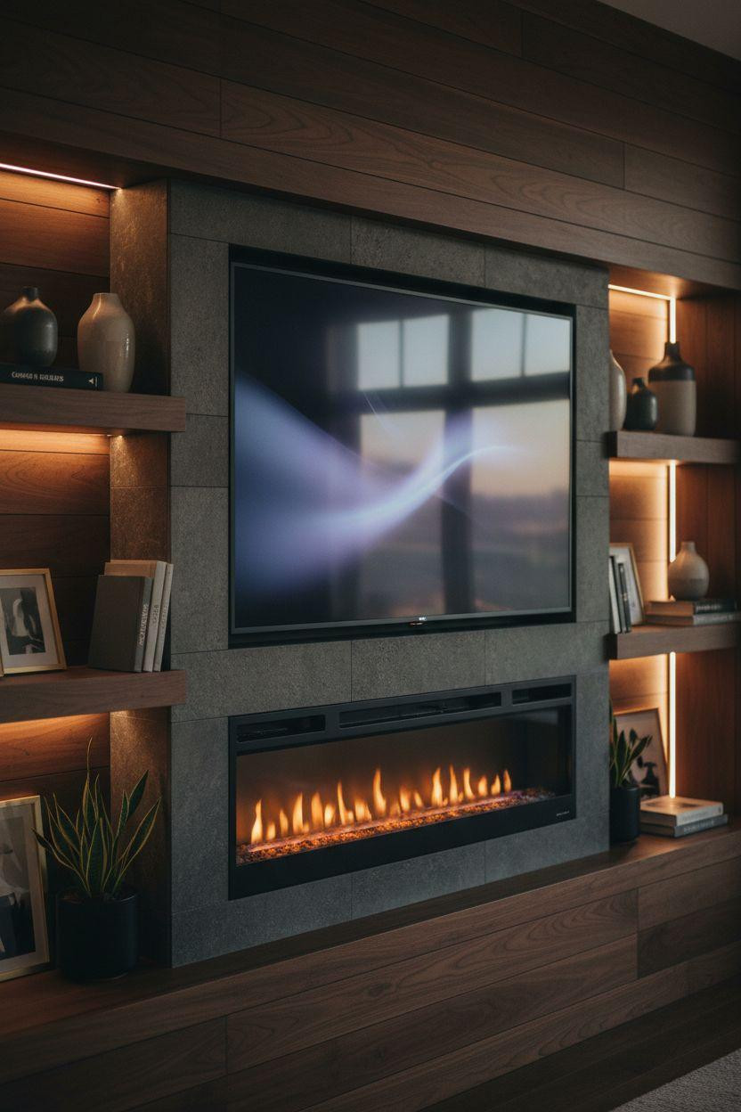 Media wall with fireplace and tv showing detailed wood grain and warm fireplace glow
