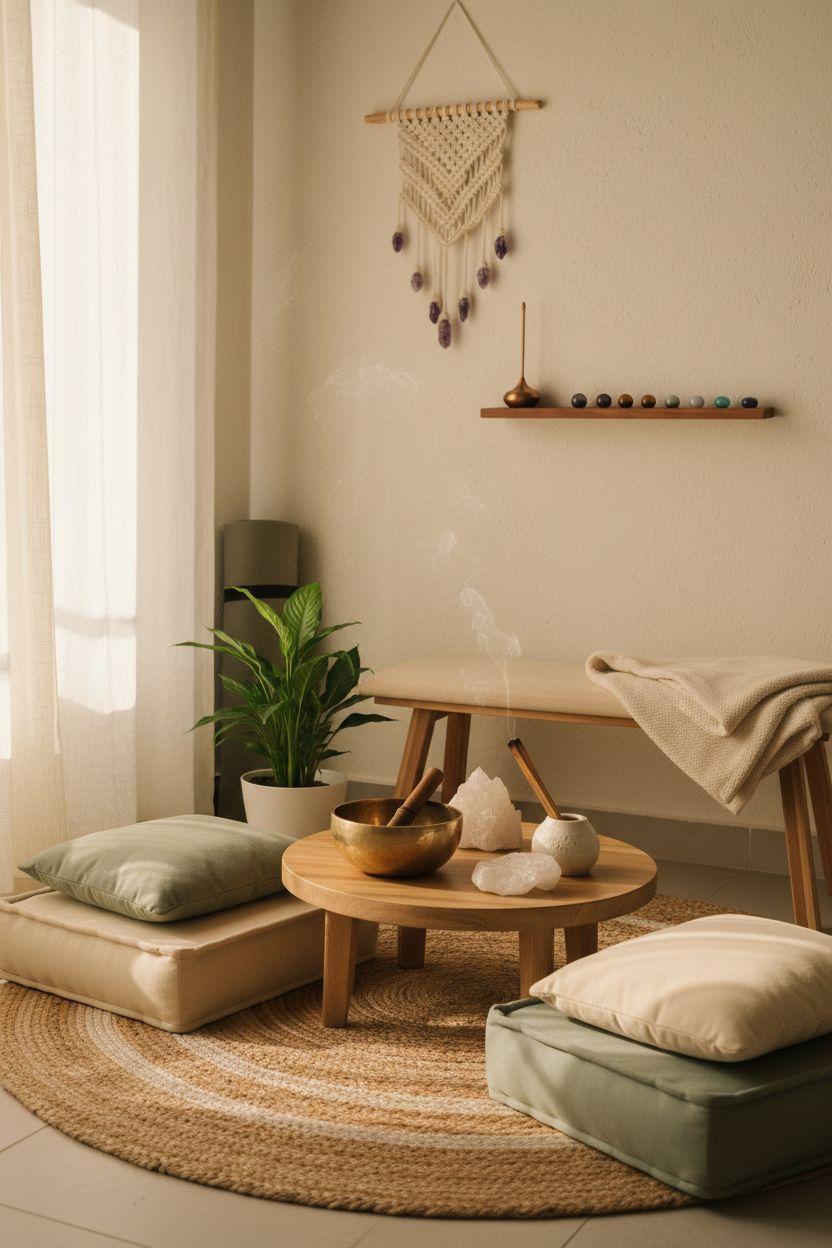 meditation room decor ideas - cozy healing room with brass and crystals