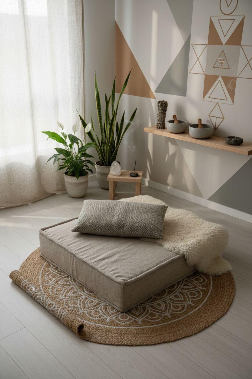 meditation room decor ideas - clean Scandinavian style with mandala mat