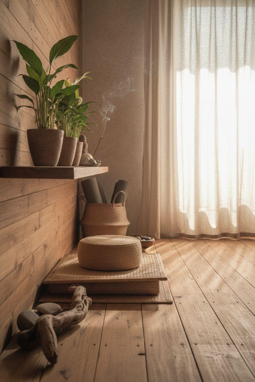 meditation room decor ideas - low wooden platform with natural materials