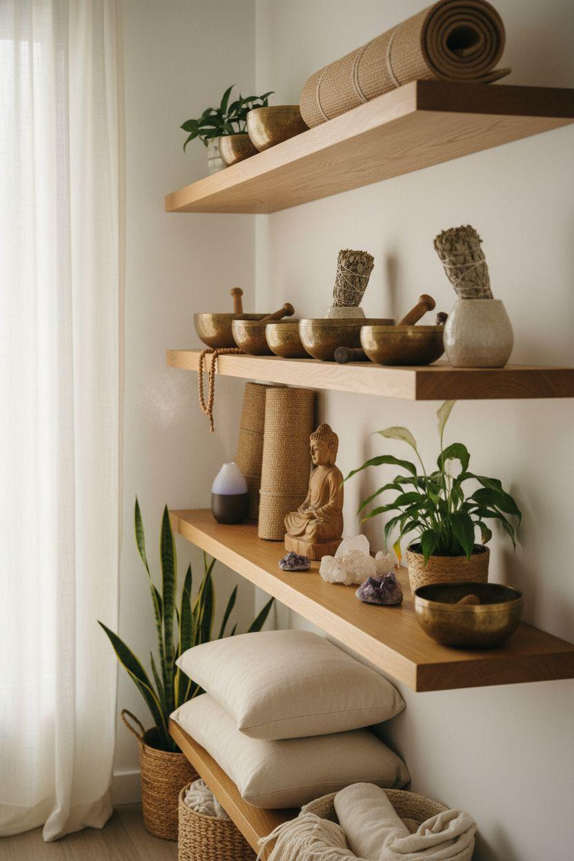 meditation room decor ideas - styled shelves with singing bowls