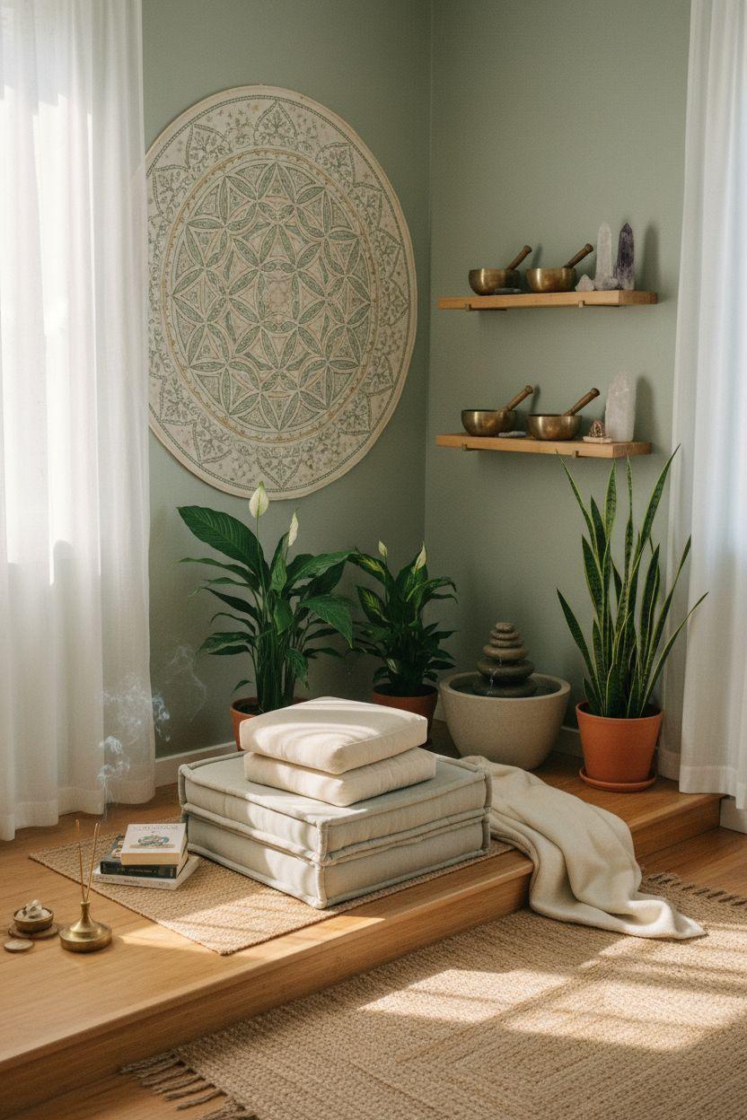 meditation room decor ideas - mandala tapestry with layered cushions