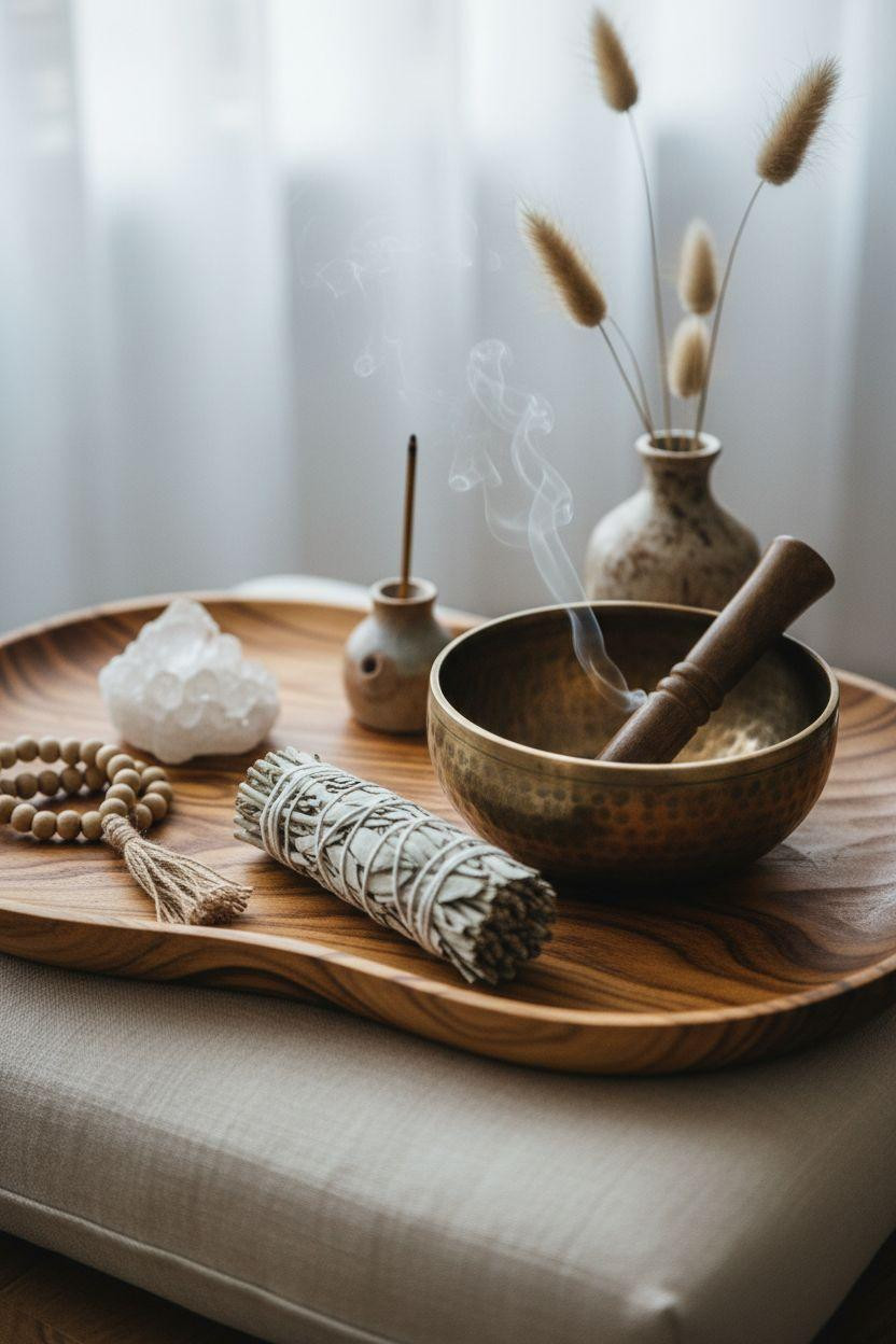 meditation room decor ideas - spiritual altar with singing bowl and sage