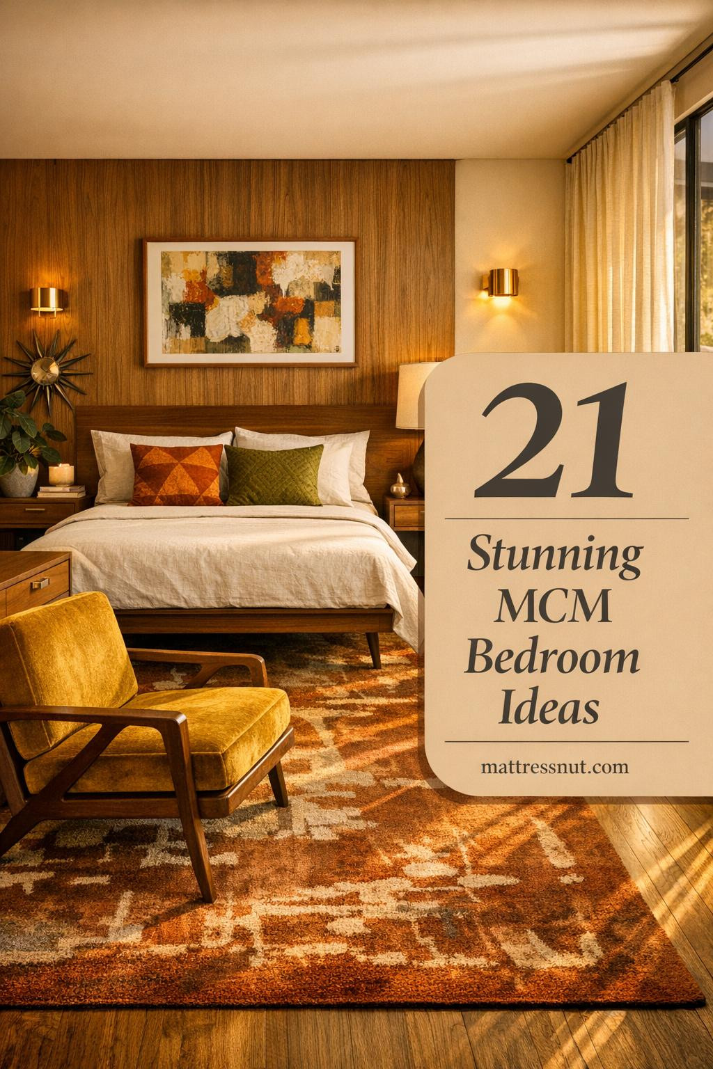 Elegant mid-century modern bedroom with walnut platform bed, integrated nightstands, teak dresser with brass pulls, mustard gold velvet chair, burnt orange pillows on cream linen bedding, abstract art above headboard, ceramic lamp, wool rug, warm off-white walls, golden afternoon light through sheer curtains, potted plant, starburst clock, and overlay text '21 Stunning MCM Bedroom Ideas'.