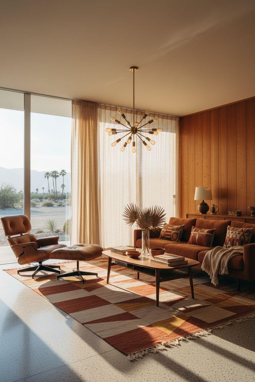 Mid century modern living room ideas with bold burnt orange sofa and brass chandelier
