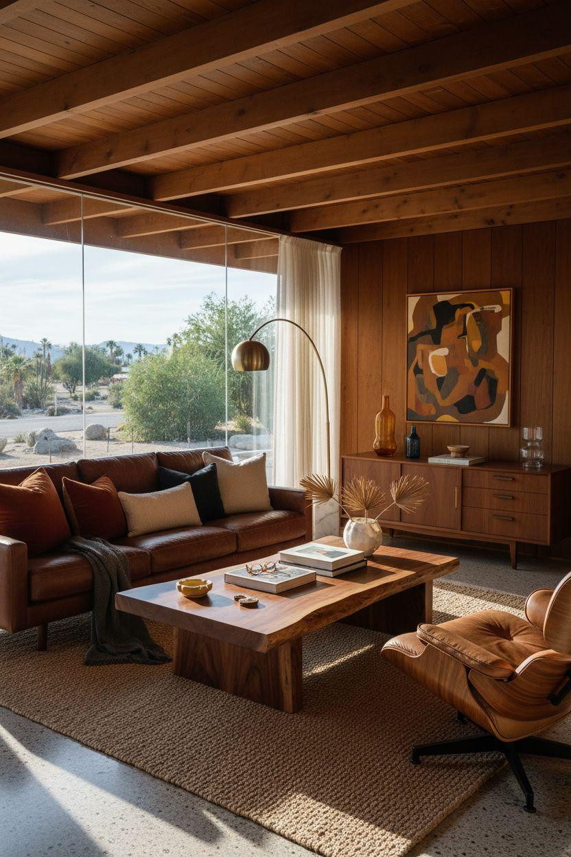 Mid century modern living room ideas showcasing live-edge wood table and leather furniture