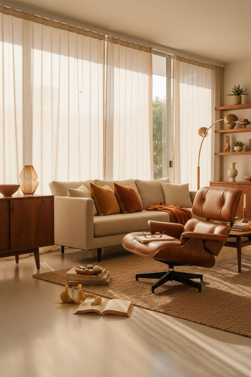 Mid century modern living room ideas with neutral linen sofa and terrazzo floors