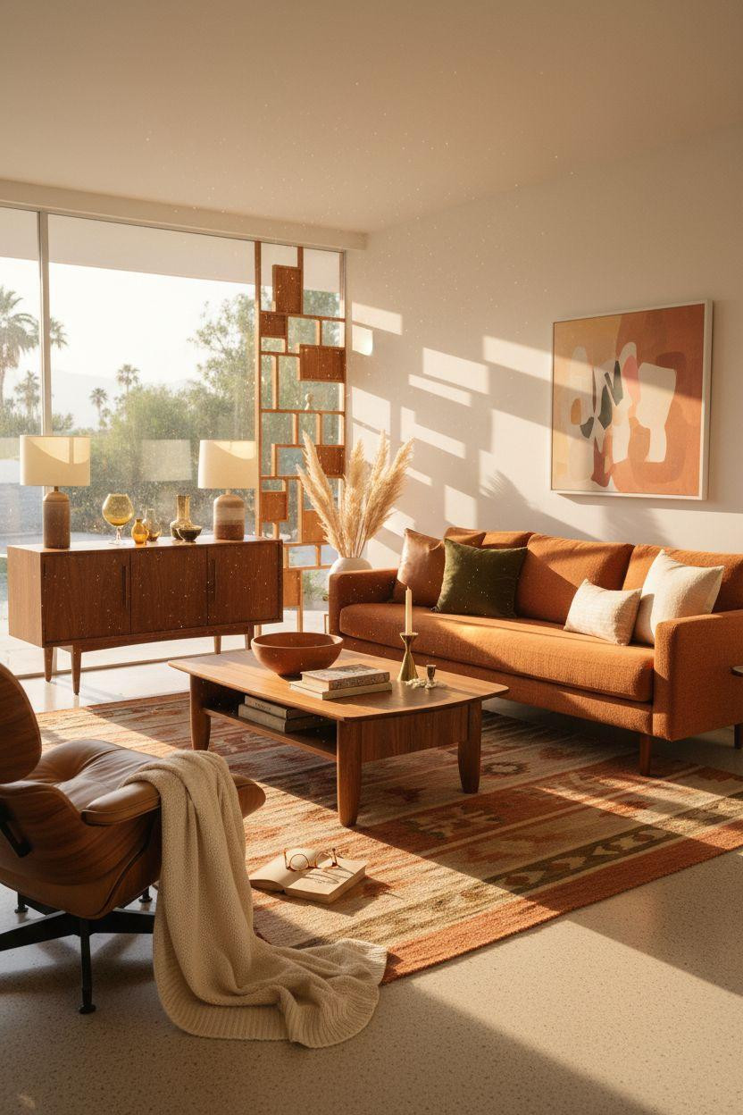 Mid century modern living room ideas with burnt orange sofa and geometric patterns