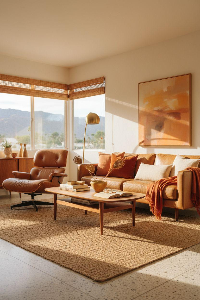Mid century modern living room ideas with cognac leather sofa and teak credenza