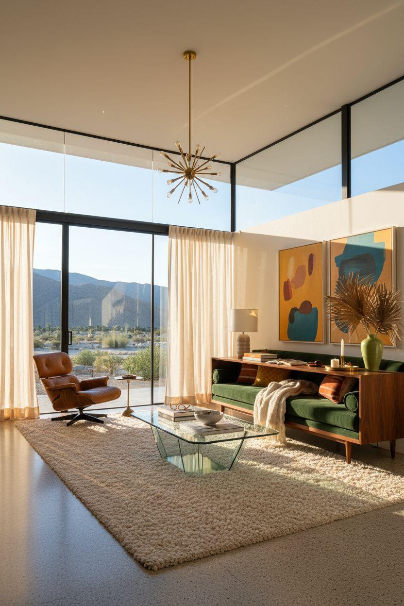 Mid century modern living room ideas featuring bold emerald green sofa with brass accents