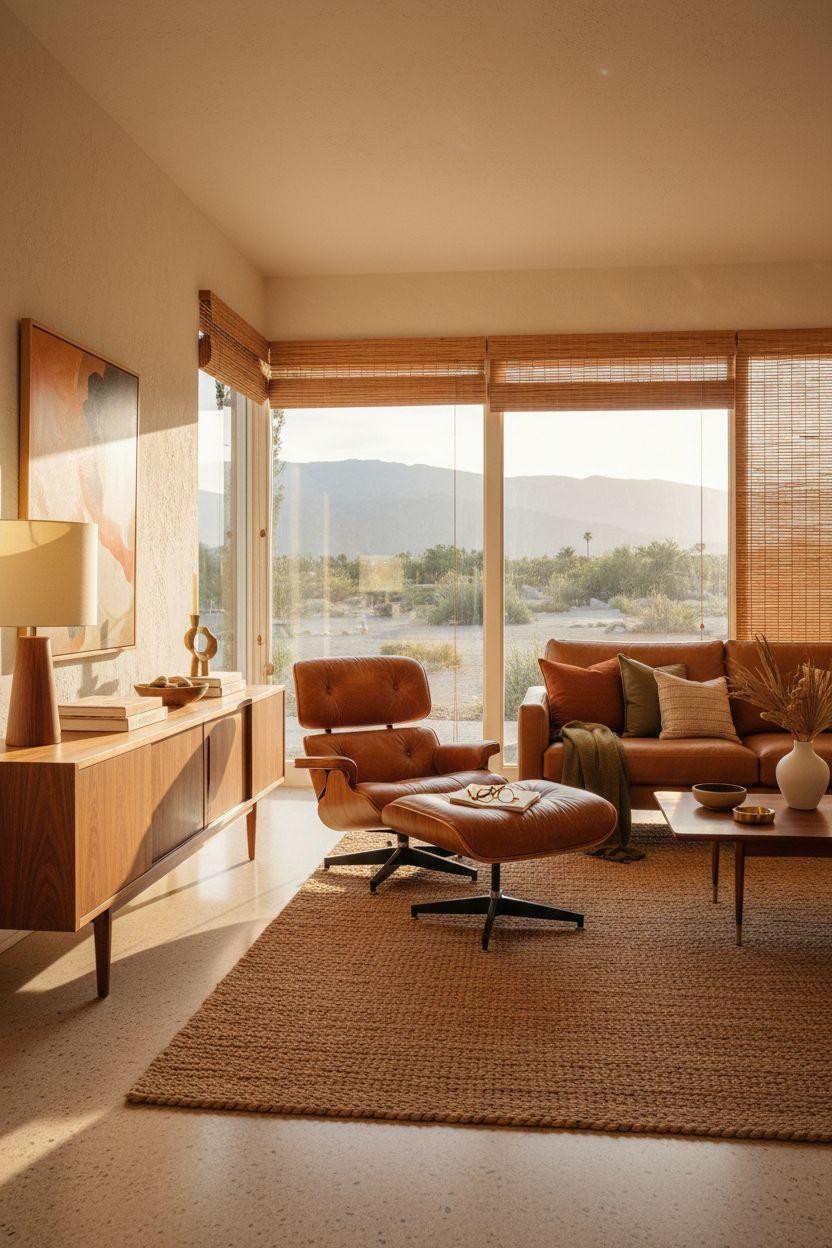 Mid century modern living room ideas with minimalist styling and natural elements