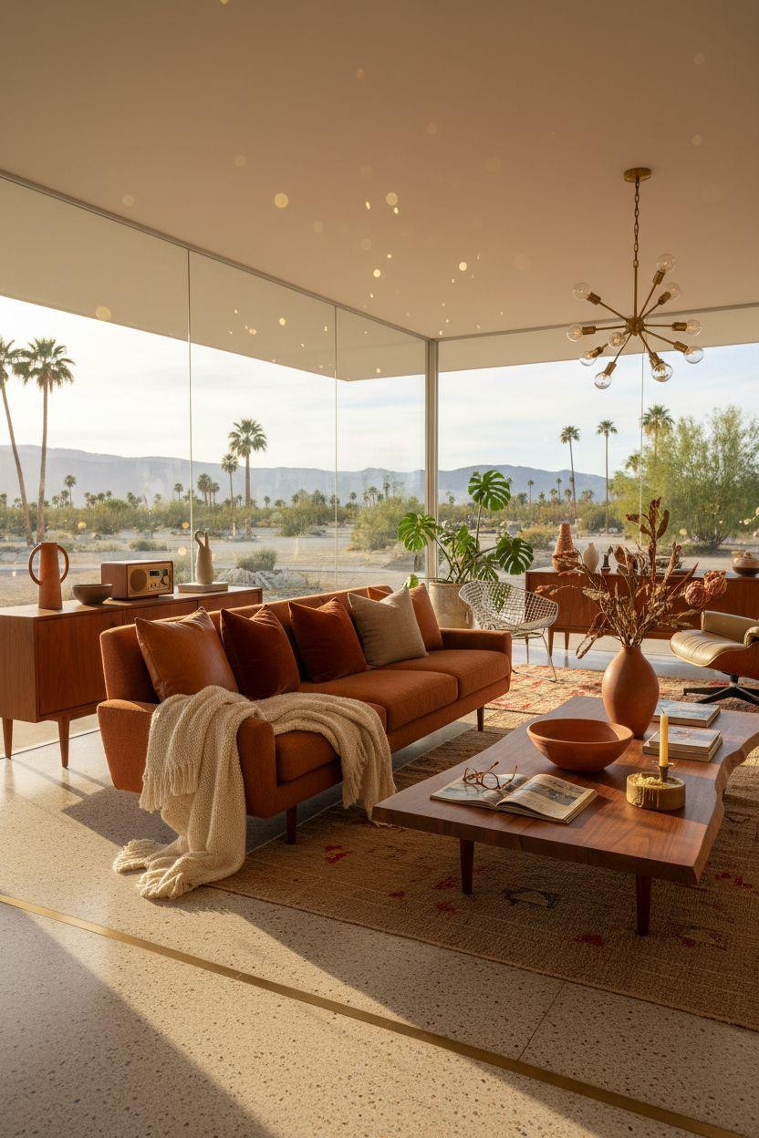 Mid century modern living room ideas emphasizing natural textures and warm tones