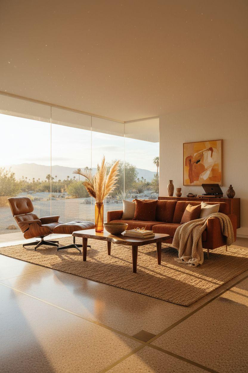 Mid century modern living room ideas featuring vintage turntable and warm color palette