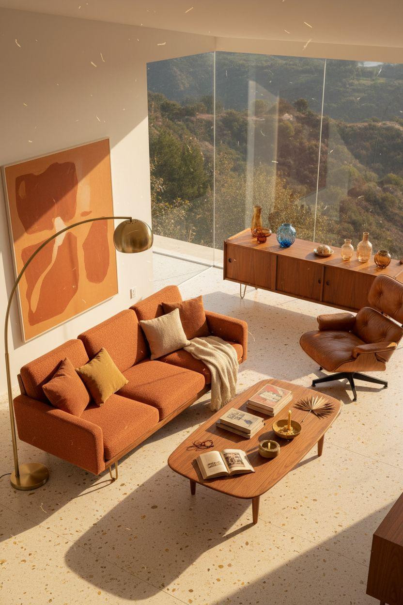 Mid century modern living room ideas with elevated view showing furniture arrangement