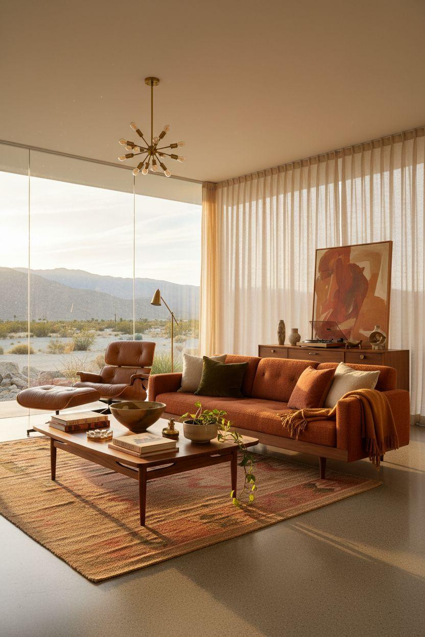 Mid century modern living room ideas combining warm textures and vintage elements