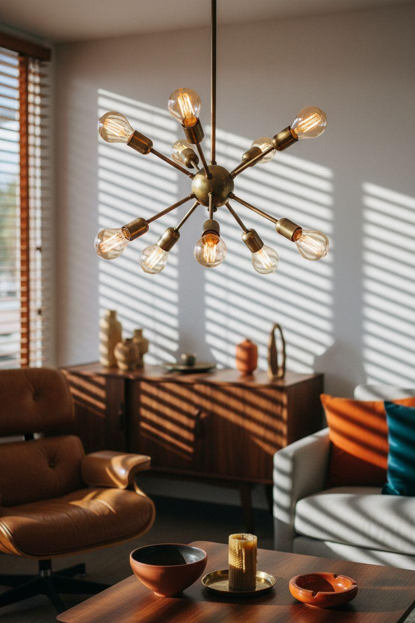 Mid century modern living room ideas featuring iconic Sputnik lighting fixture
