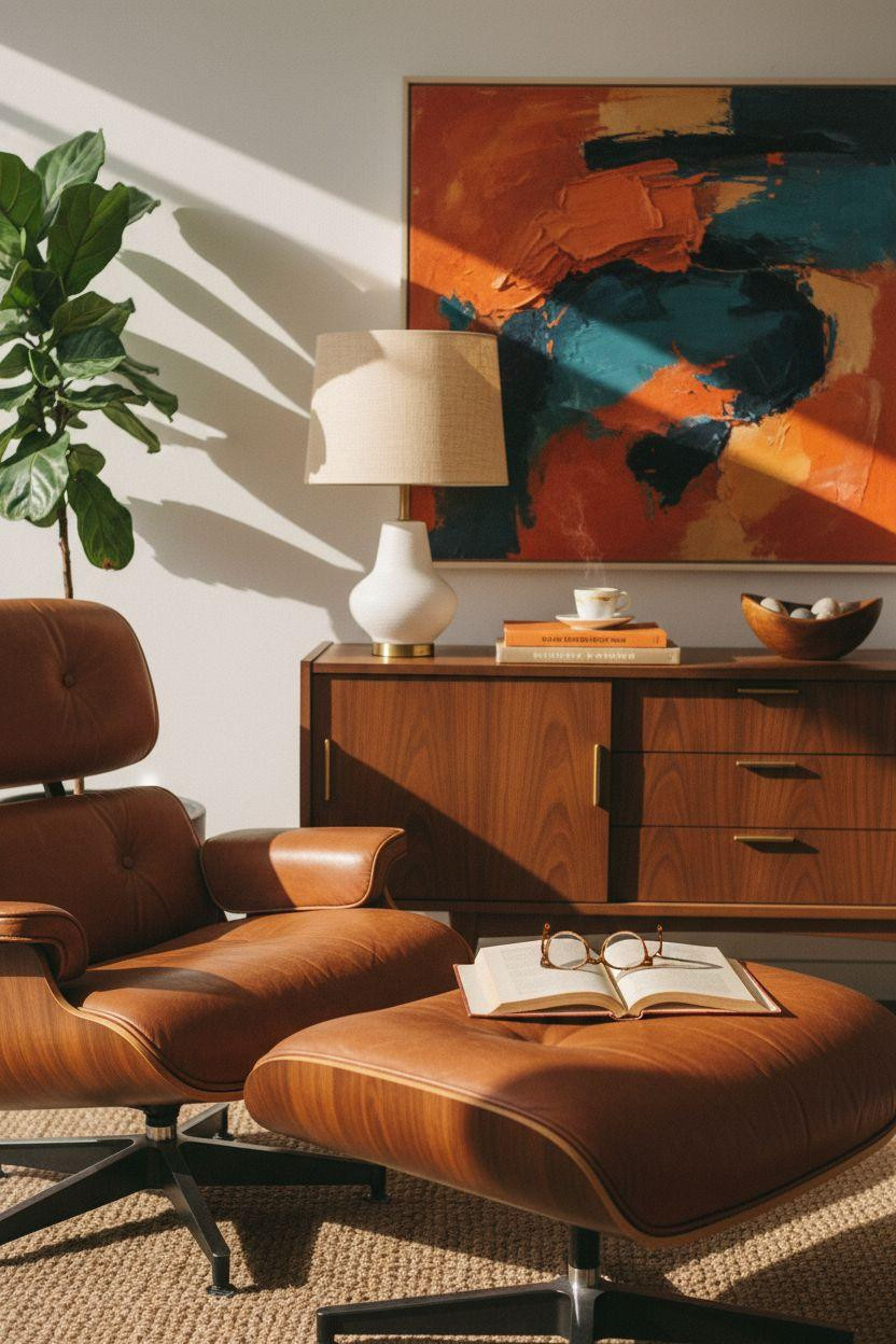Mid century modern living room ideas highlighting leather chair detail and styling accessories