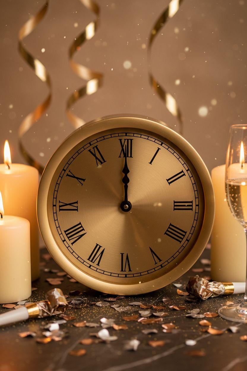 new year decorations ideas - clock at midnight with gold confetti
