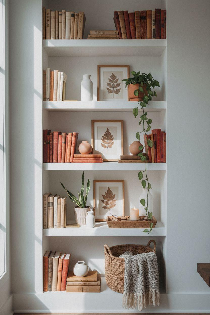 Bookshelf living room with minimal floating oak shelves and curated styling
