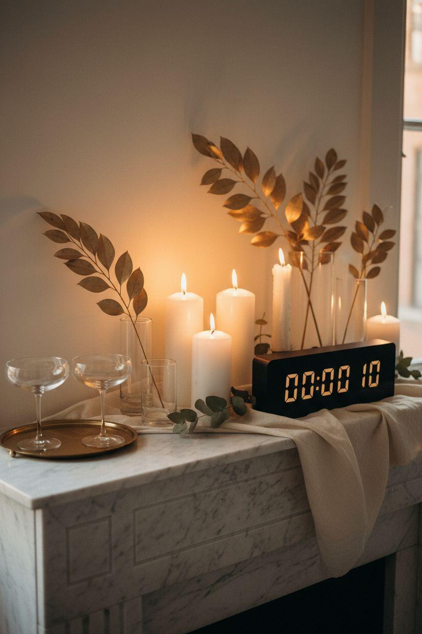 new year decorations ideas - minimalist mantel with candles and countdown clock