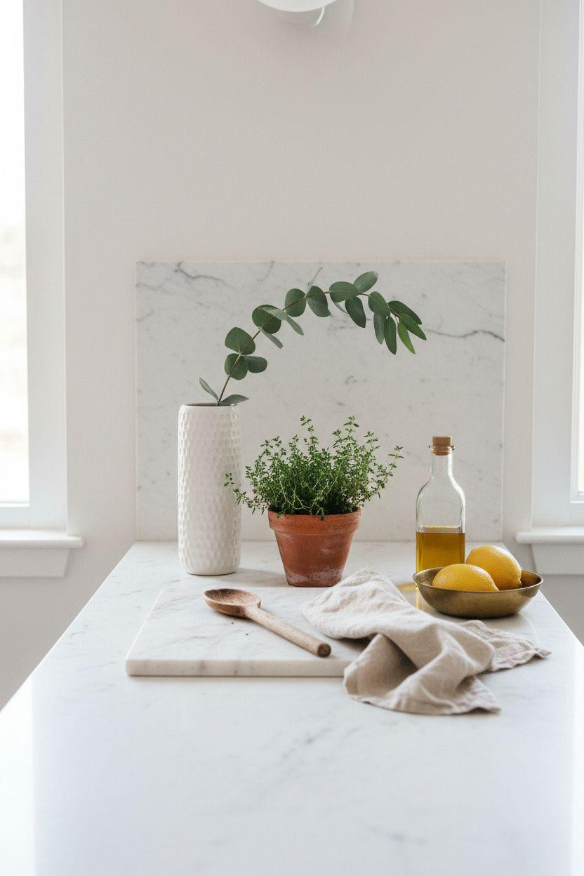 Kitchen counter decor ideas with minimal styling and fresh herbs