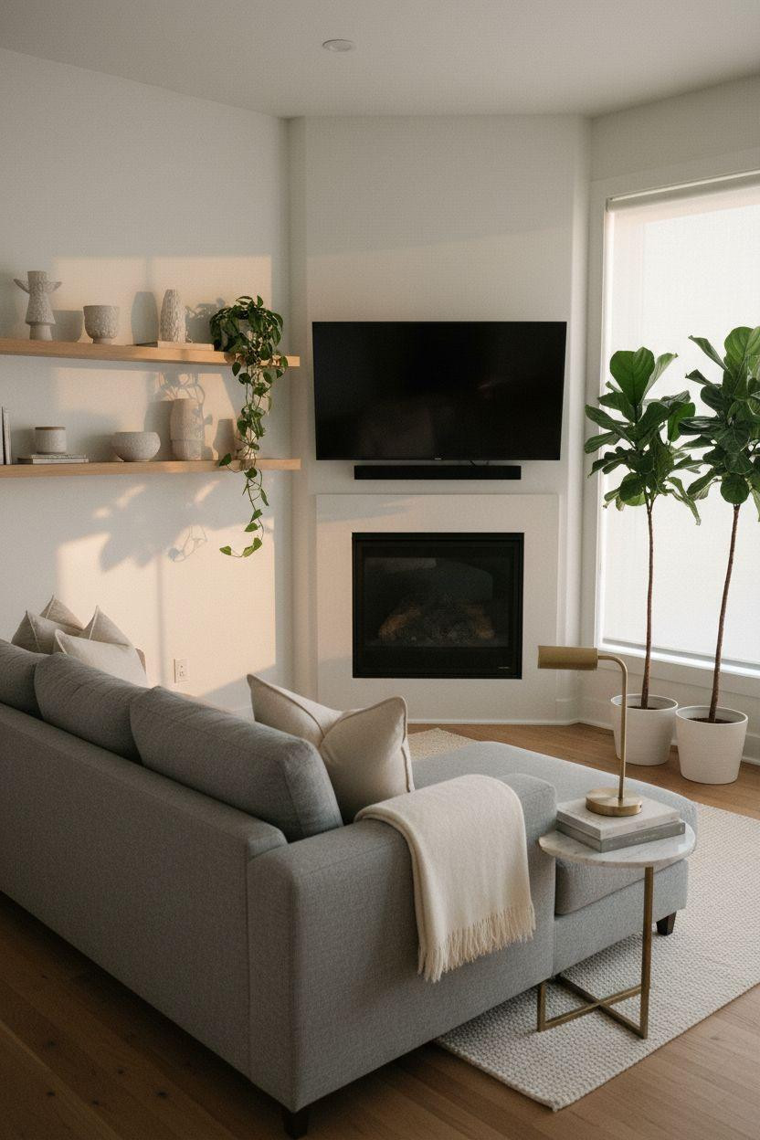 Minimalist modern corner fireplace with gray sofa and oak shelves