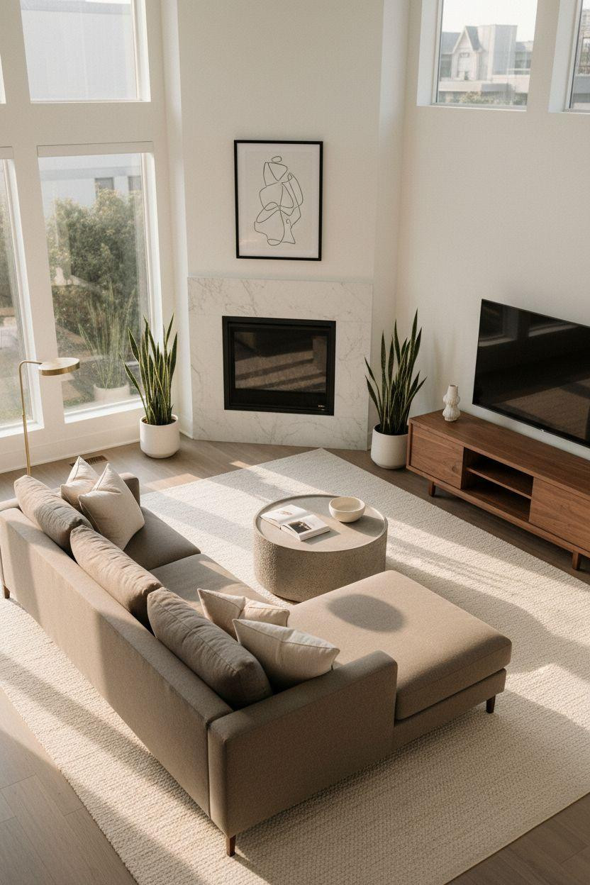 Corner Fireplace Living Room Layout with contemporary white marble and steel