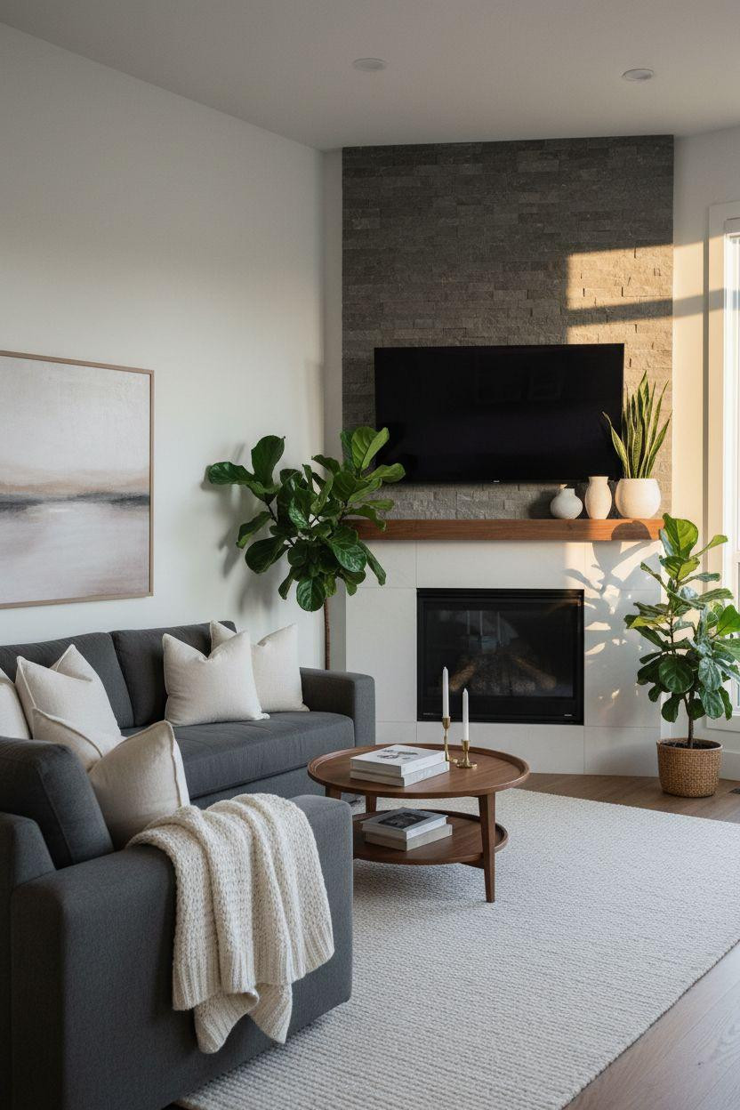 Modern small living room with minimalist corner fireplace
