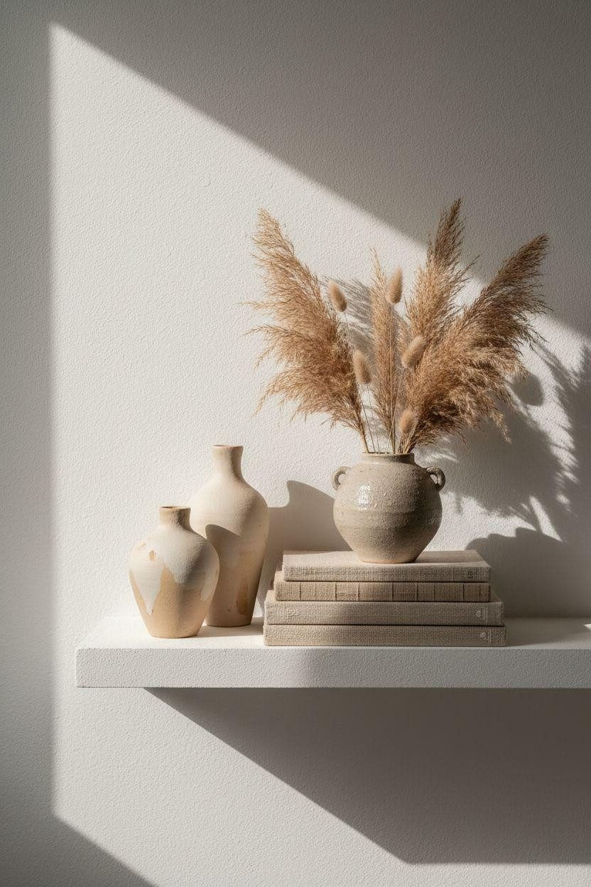 Shelf Decor Living Room - minimalist floating shelf with ivory ceramics and dried pampas