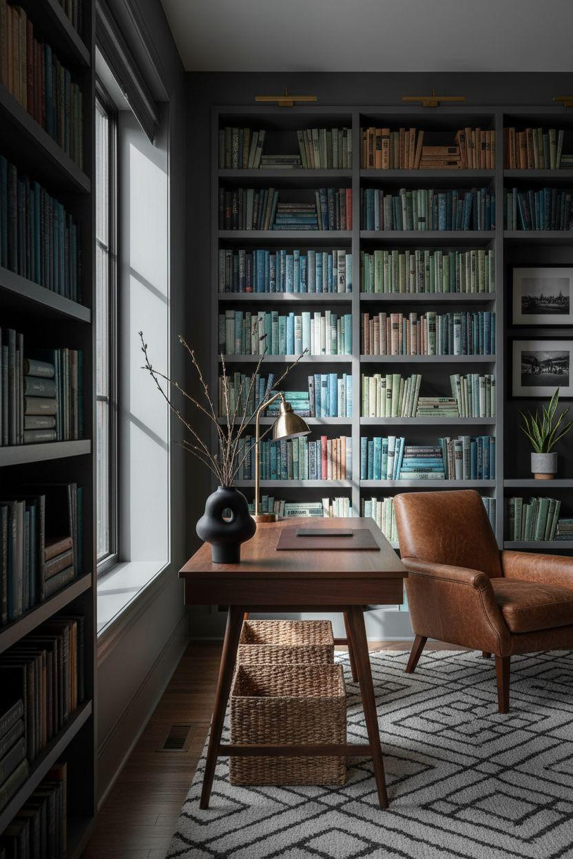 Home Office Library Ideas - charcoal shelving with geometric rug and walnut desk