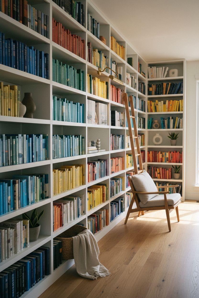 Bookshelf living room with minimalist white oak shelving