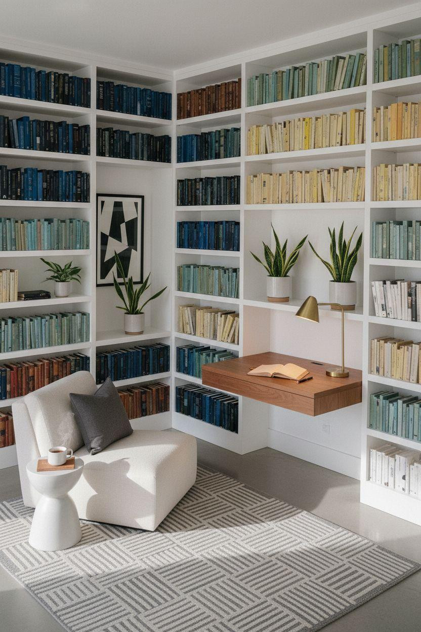 Dream Home Library Ideas - minimalist white shelves with walnut desk