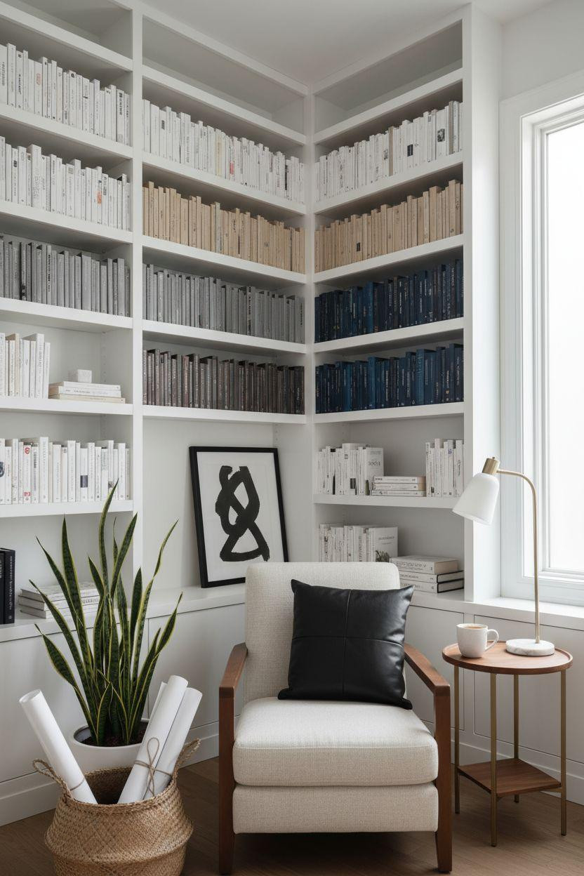 Home Library Rooms Ideas - clean modern library with white built-ins and neutral tones