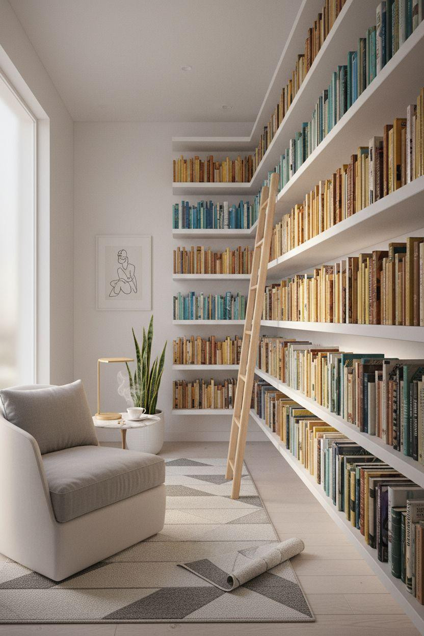 Cozy Home Library Ideas minimalist modern with white shelves